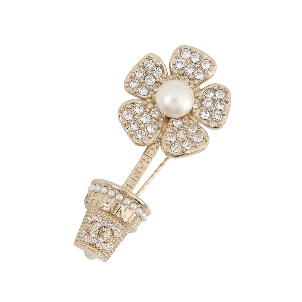 Chanel Brooch Flower Motif CC Logo Faux Pearl Rhinestone