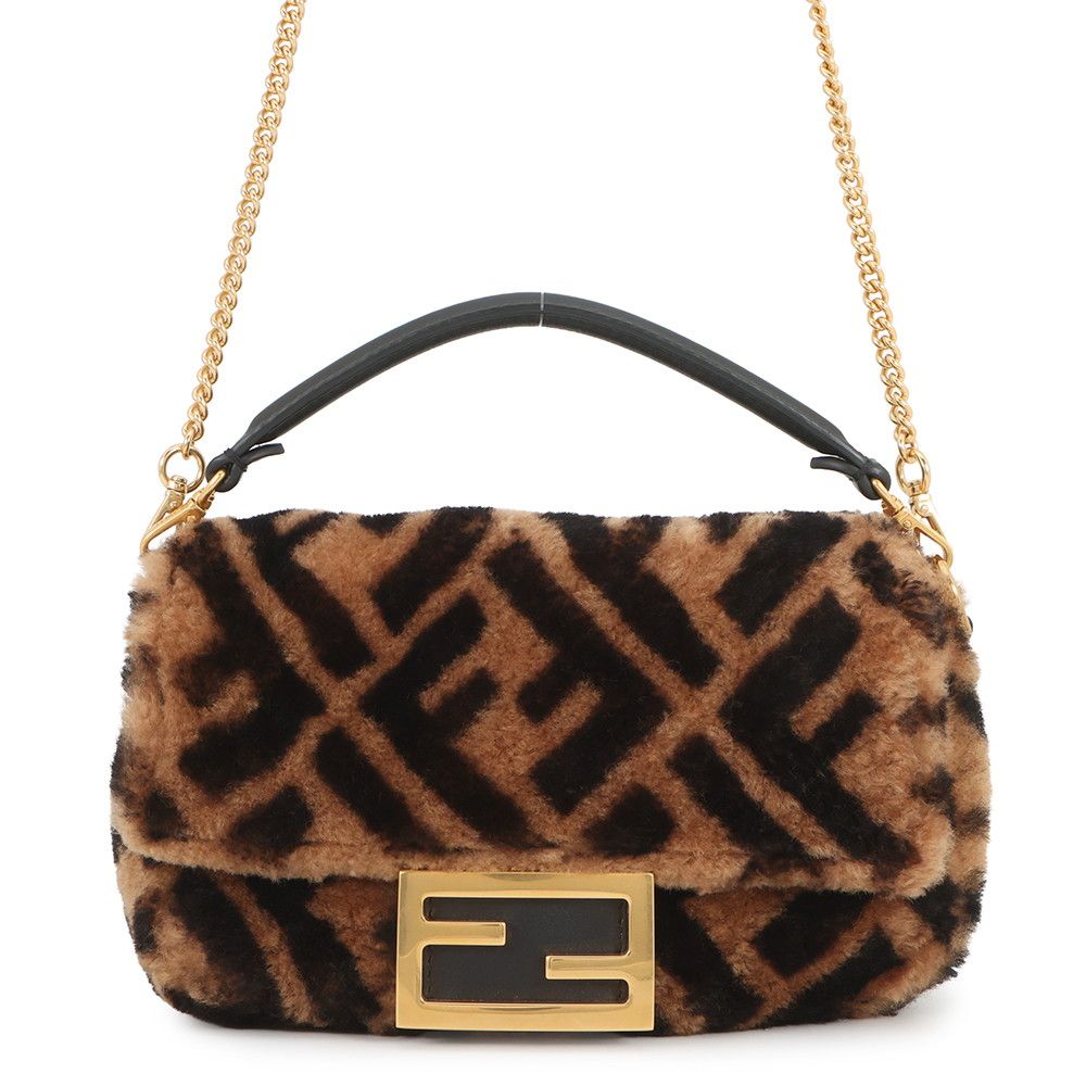 Fendi Zucca Pattern Baguette Mini Shearling Leather 2-Way Shoulder