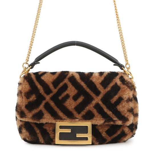 Fendi Zucca Pattern Baguette Mini Shearling Leather 2-Way Shoulder