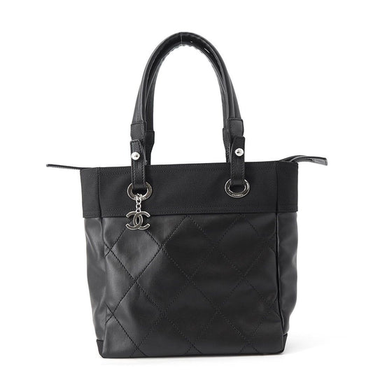 Chanel Tote Paris Biarritz PM Quilted CC Logo Small Leather Canvas Black