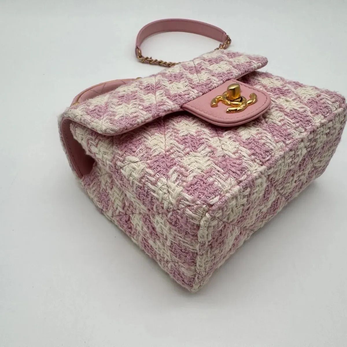 Chanel Shoulder Bag Top Handle Quilted Mini Flap Tweed Pink Chain CC Logo — view 7