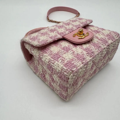 Chanel Shoulder Bag Top Handle Quilted Mini Flap Tweed Pink Chain CC Logo — view 7