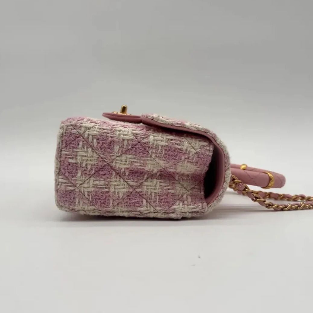 Chanel Shoulder Bag Top Handle Quilted Mini Flap Tweed Pink Chain CC Logo — view 3