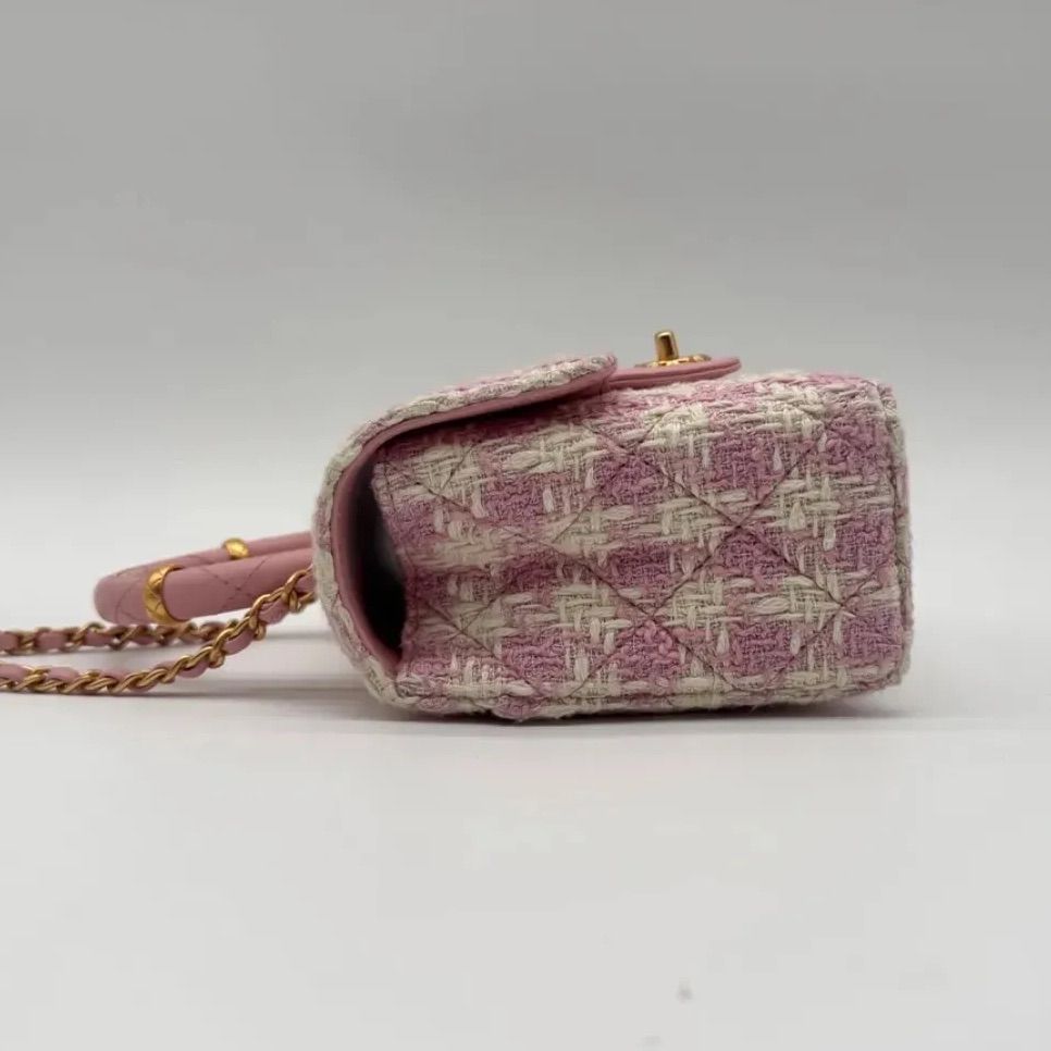 Chanel Shoulder Bag Top Handle Quilted Mini Flap Tweed Pink Chain CC Logo — view 4