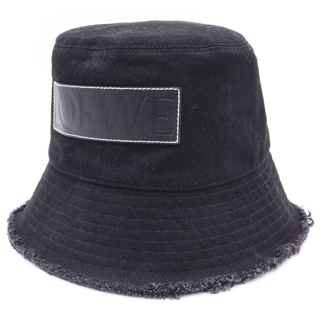 Loewe Frayed Bucket Hat Stitched Brim Fringe Leather Patch Black