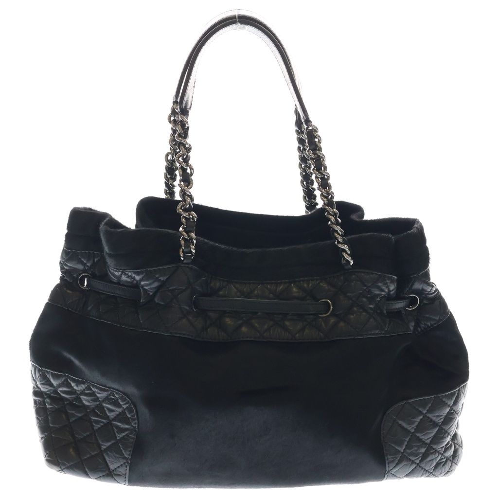 Chanel Quilted Chain Tote Black Leather Calf Hair Silver — view 2