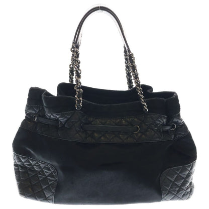 Chanel Quilted Chain Tote Black Leather Calf Hair Silver — view 2
