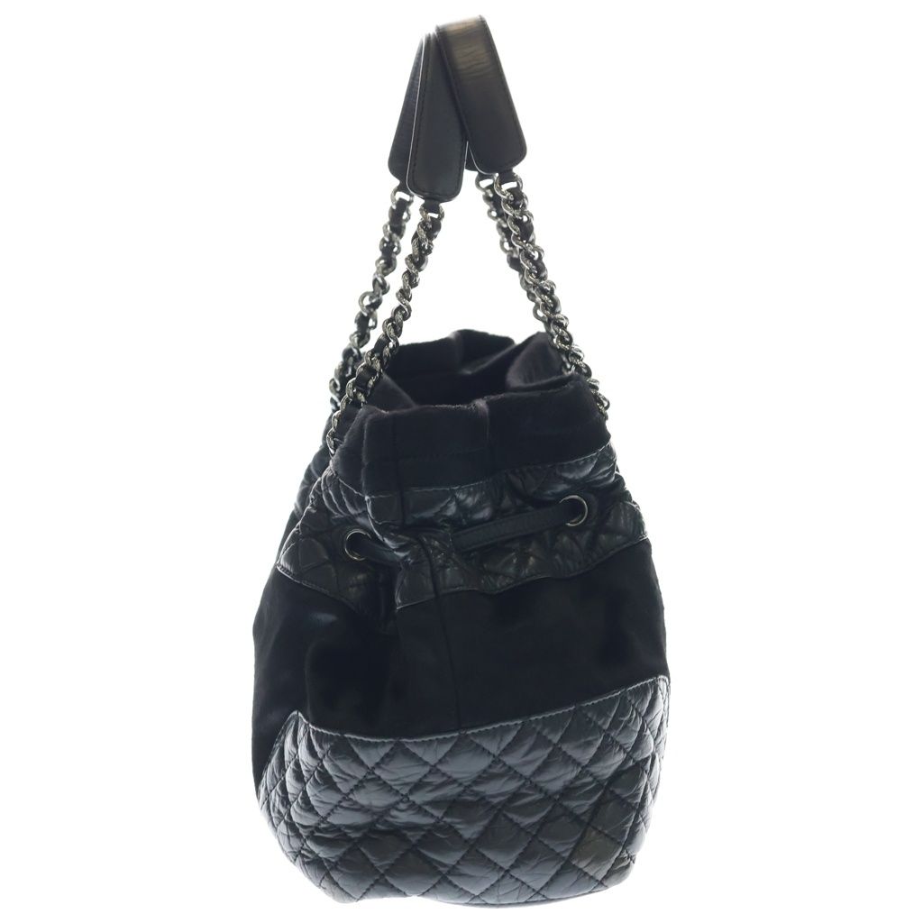 Chanel Quilted Chain Tote Black Leather Calf Hair Silver — view 3