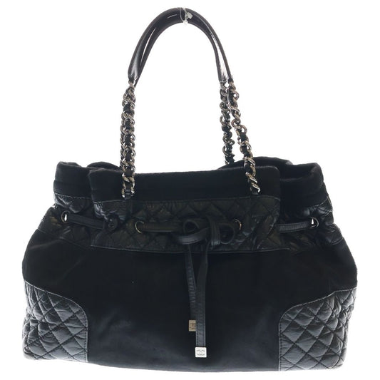 Chanel Quilted Chain Tote Black Leather Calf Hair Silver