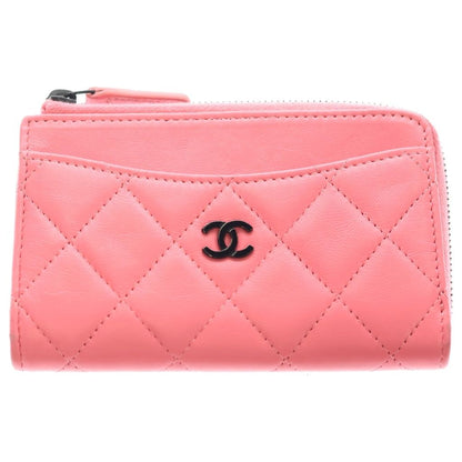 Chanel Quilted Fragment Case Card Mini Wallet Salmon Pink Lambskin Black