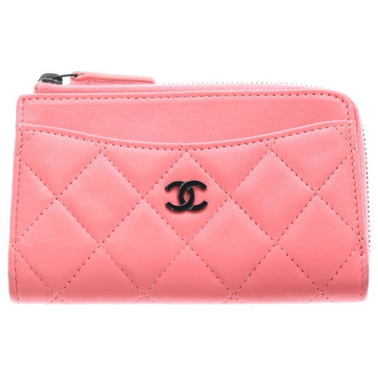 Chanel Quilted Fragment Case Card Mini Wallet Salmon Pink Lambskin Black