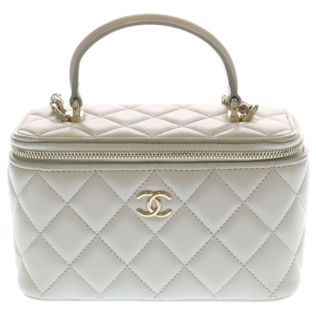 Chanel Quilted Vanity Lambskin Leather Top Handle Chain Shoulder Bag Gold Gray