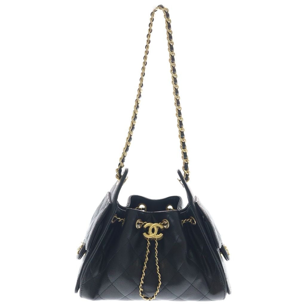Chanel 25 Mini Caviar Leather Chain Shoulder Bag Gold Black Plate