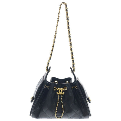 Chanel 25 Mini Caviar Leather Chain Shoulder Bag Gold Black Plate
