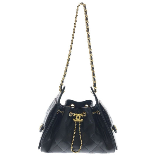 Chanel 25 Mini Caviar Leather Chain Shoulder Bag Gold Black Plate