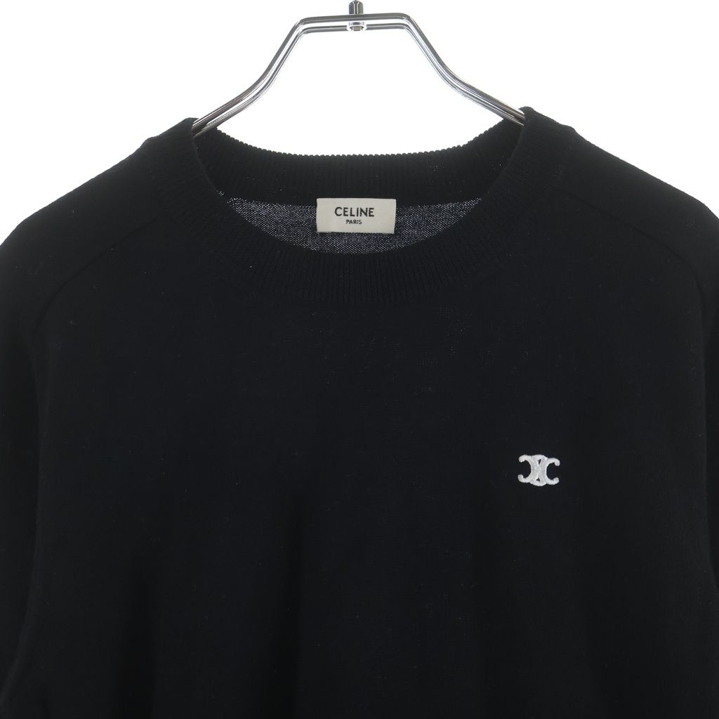 Celine Triomphe Logo Embroidery Crew Neck Wool Long Sleeve Knit Sweater Black — view 3