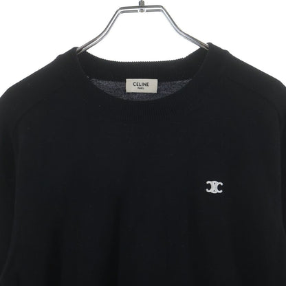 Celine Triomphe Logo Embroidery Crew Neck Wool Long Sleeve Knit Sweater Black — view 3