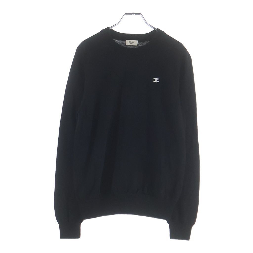 Celine Triomphe Logo Embroidery Crew Neck Wool Long Sleeve Knit Sweater Black