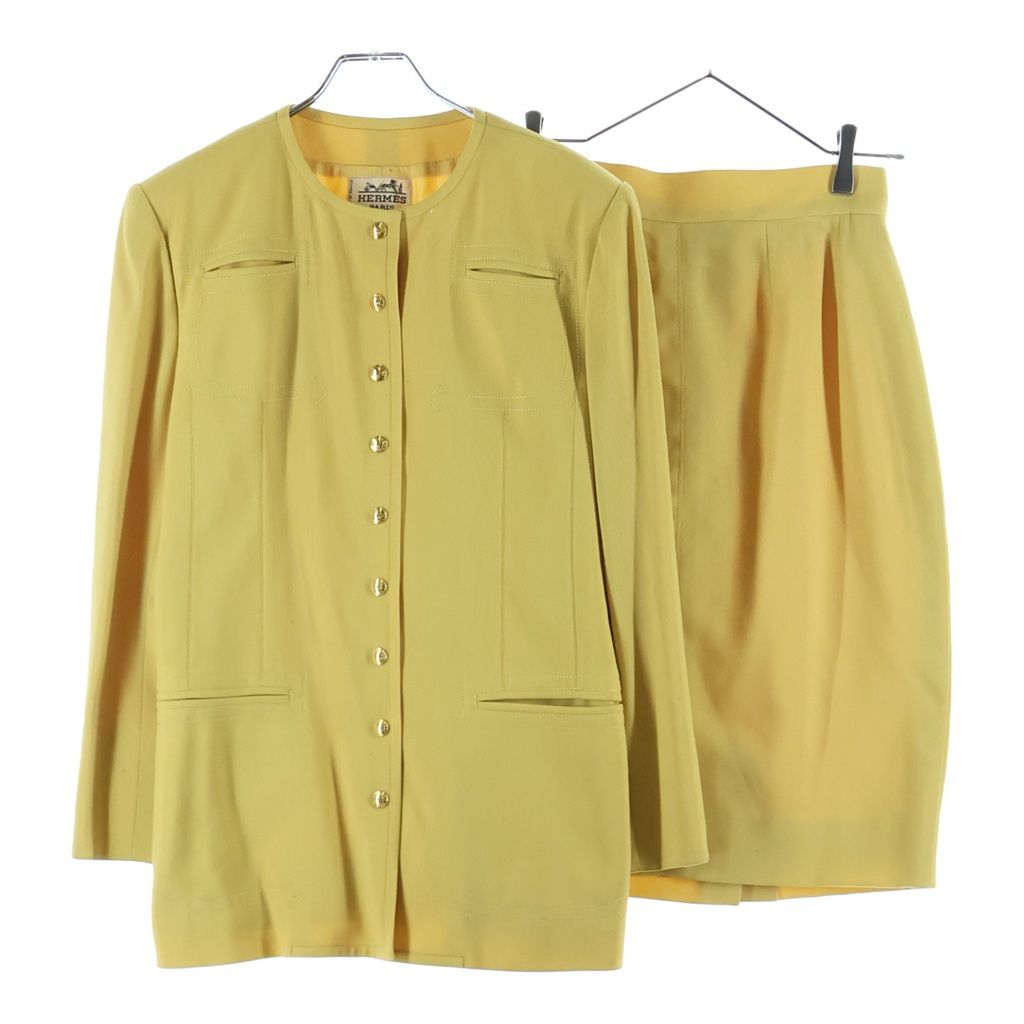 Hermes Colorless Jacket Skirt Set Yellow Wool 40