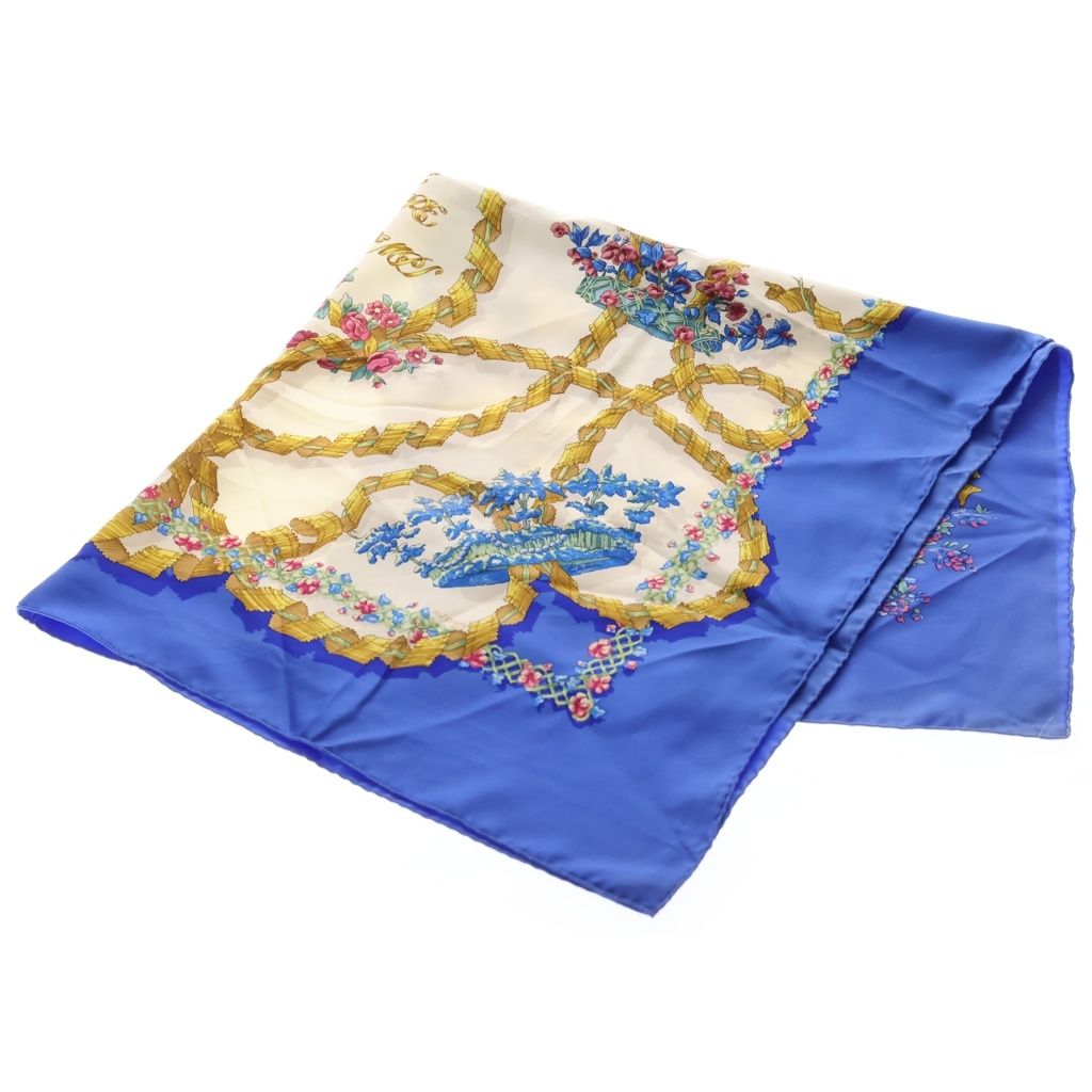 Hermes Carre 90 Botanical Silk Scarf Flower Ribbon Blue White