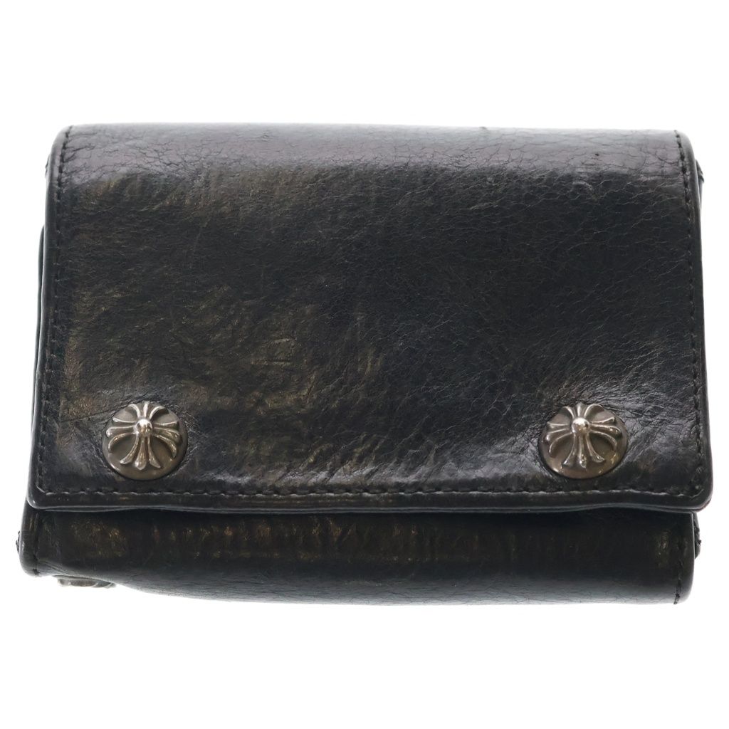 Chrome Hearts 3 Fold Cross Ball Button Patch Leather Wallet Black