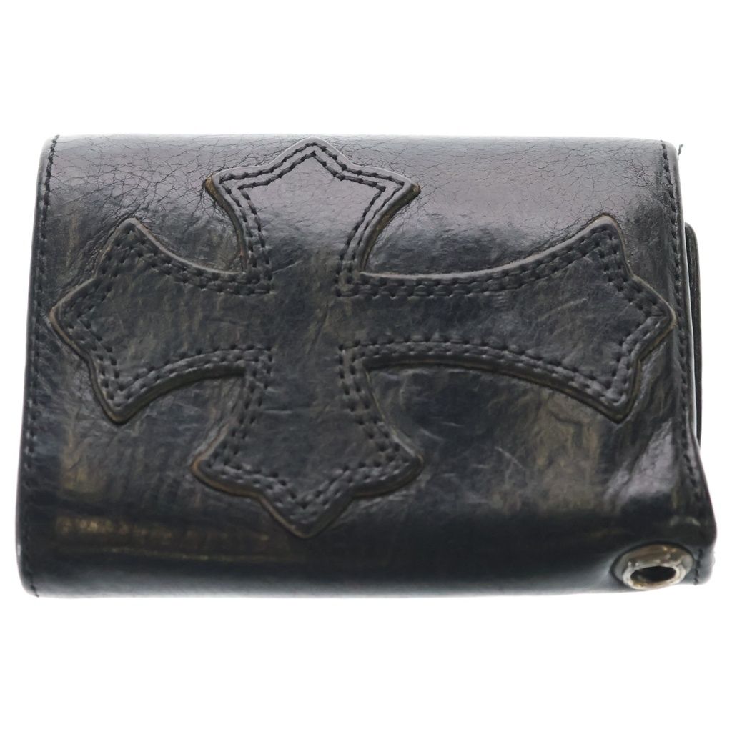 Chrome Hearts 3 Fold Cross Ball Button Patch Leather Wallet Black — view 2