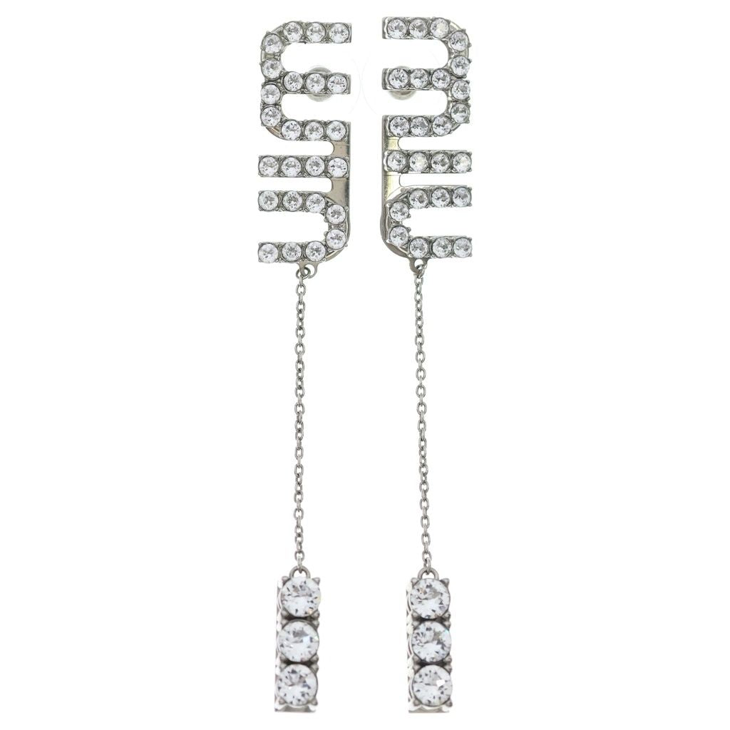 Miu Miu Crystal Rhinestone Logo Swing Earrings Metal Silver