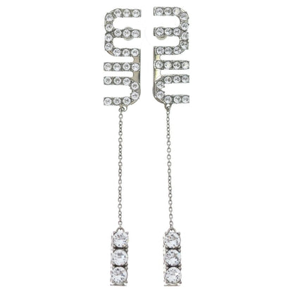 Miu Miu Crystal Rhinestone Logo Swing Earrings Metal Silver