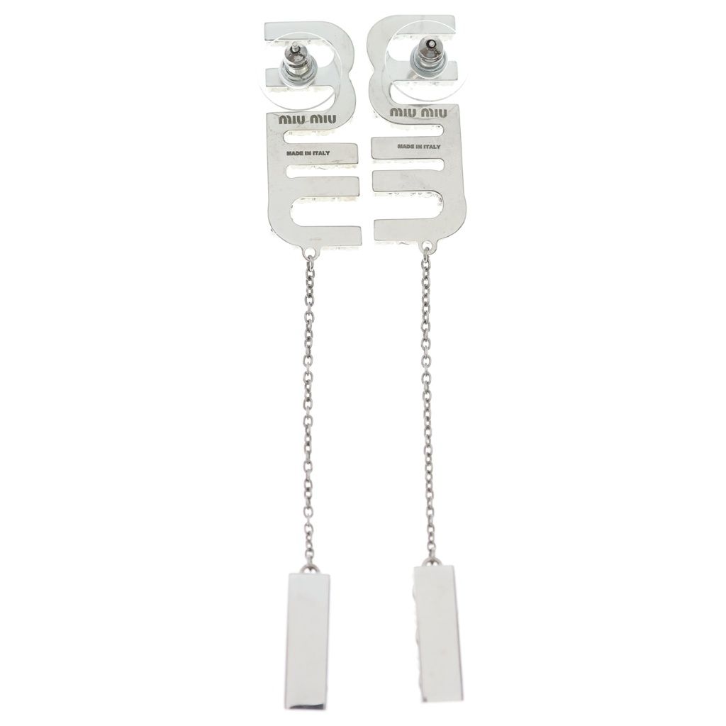 Miu Miu Crystal Rhinestone Logo Swing Earrings Metal Silver — view 2