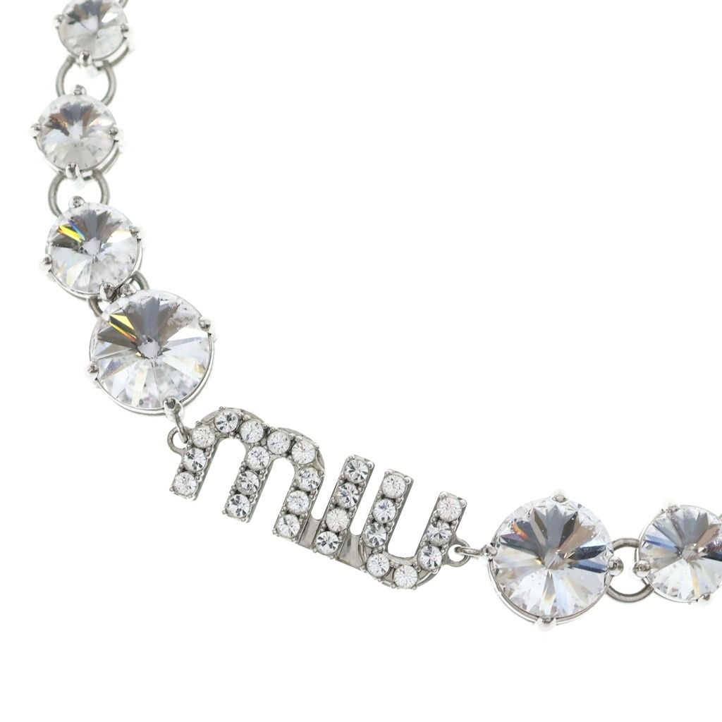 Miu Miu Crystal Logo Rhinestone Choker Necklace Metal Silver