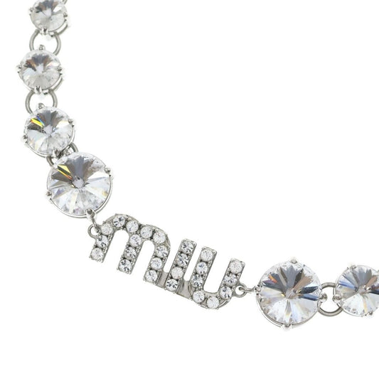 Miu Miu Crystal Logo Rhinestone Choker Necklace Metal Silver