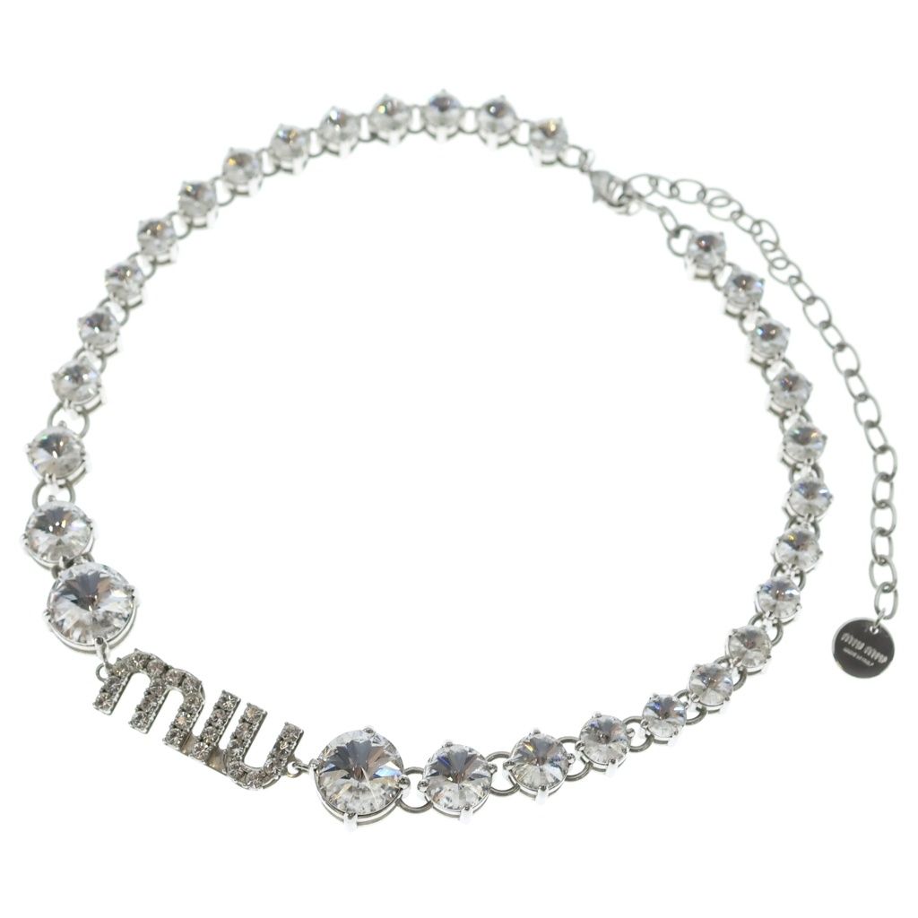 Miu Miu Crystal Logo Rhinestone Choker Necklace Metal Silver — view 2