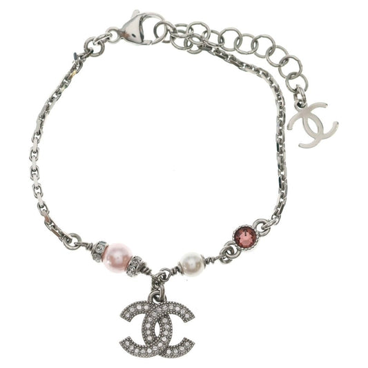 Chanel CC Logo Bracelet Chain Silver Pink