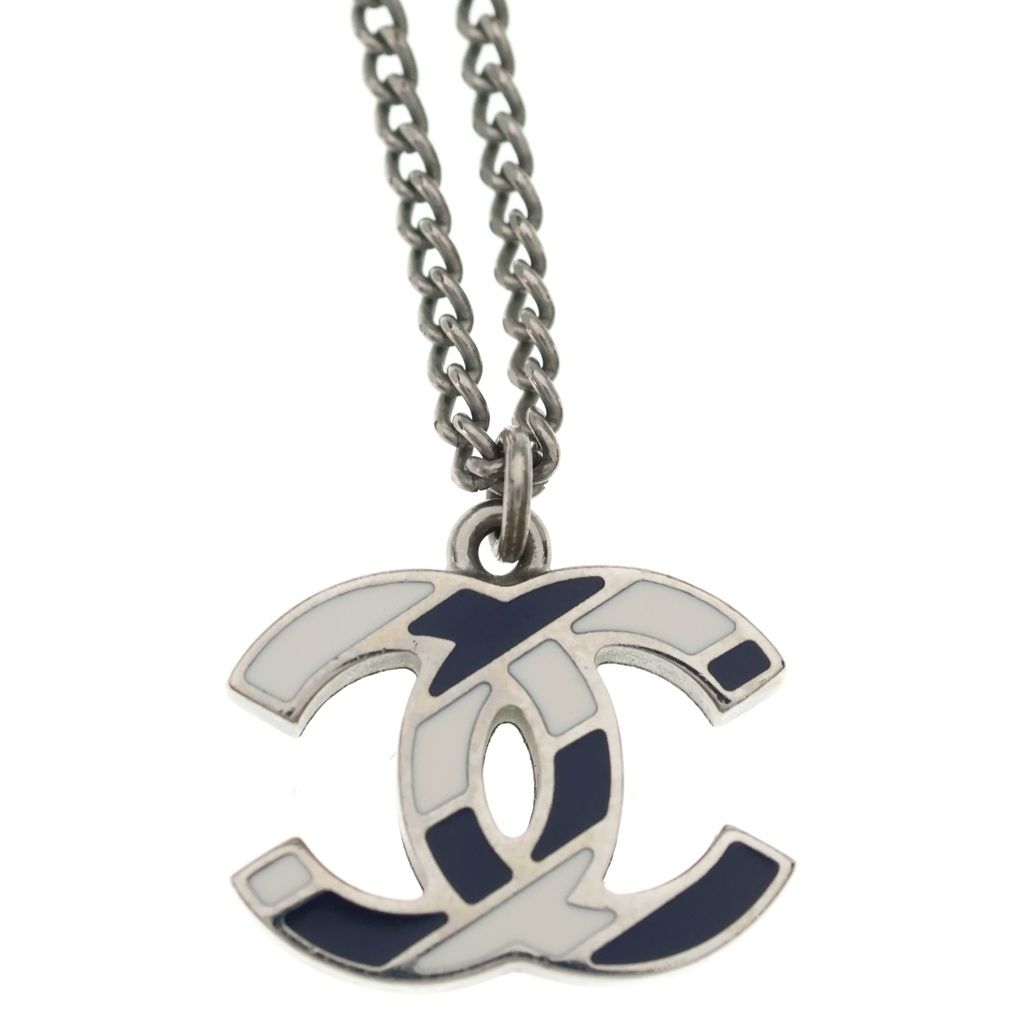 Chanel CC Logo Pendant Chain Silver Black White — view 3