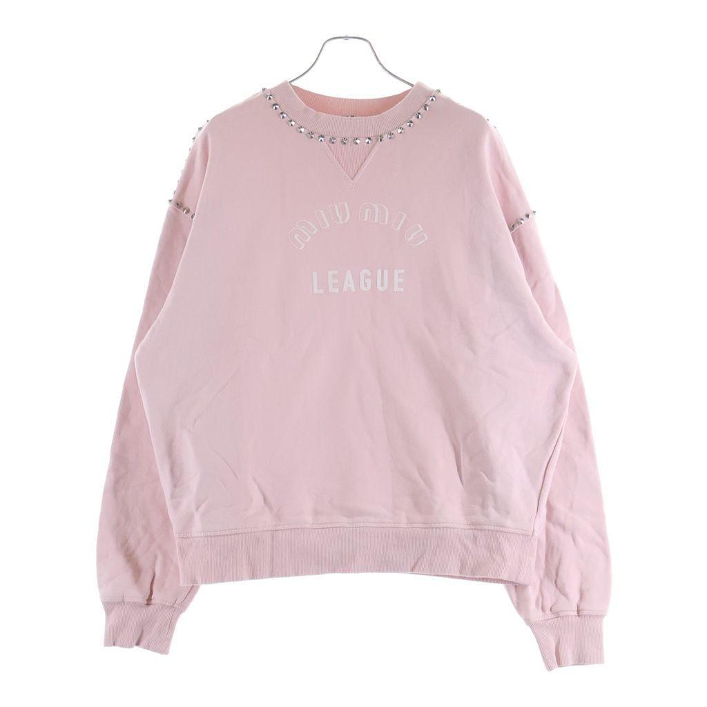 Miu Miu League Logo Print Studded Crew Neck Pullover Sweatshirt Pink