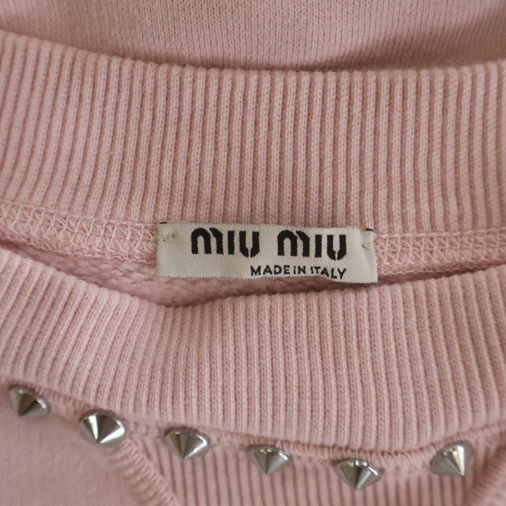 Miu Miu League Logo Print Studded Crew Neck Pullover Sweatshirt Pink — view 6