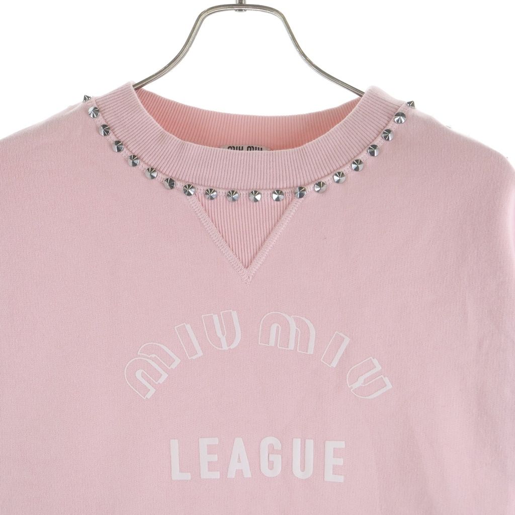 Miu Miu League Logo Print Studded Crew Neck Pullover Sweatshirt Pink — view 3