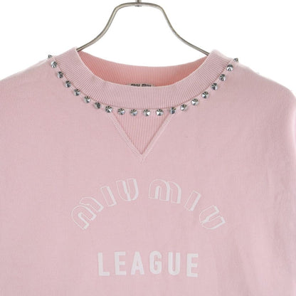 Miu Miu League Logo Print Studded Crew Neck Pullover Sweatshirt Pink — view 3