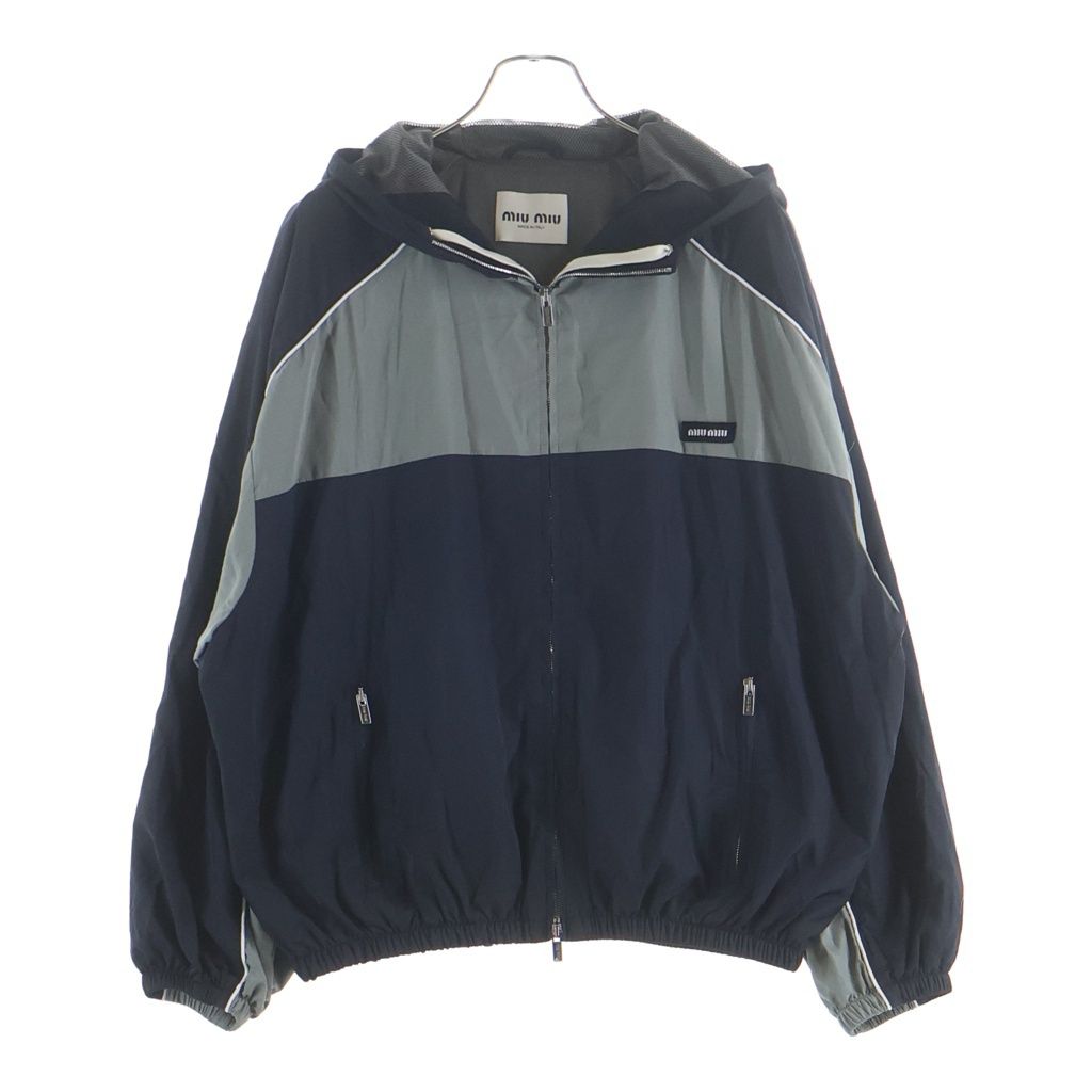 Miu Miu Technical Poplin Nylon Hooded Zip Up Jacket Navy Gray