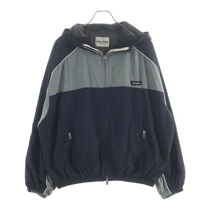 Miu Miu Technical Poplin Nylon Hooded Zip Up Jacket Navy Gray