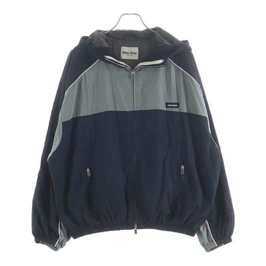 Miu Miu Technical Poplin Nylon Hooded Zip Up Jacket Navy Gray