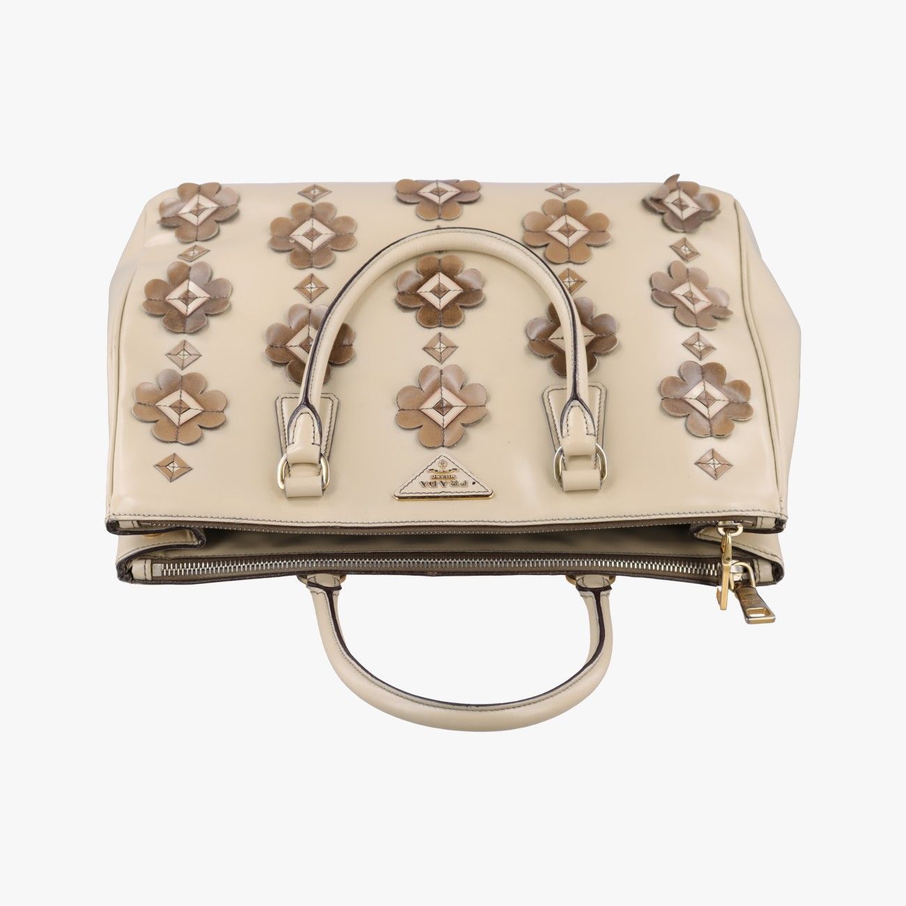 Prada Galleria Flowers Double Zip Beige Leather Handbag — view 8