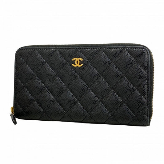 Chanel Wallet Quilted Caviar Leather Black Gold