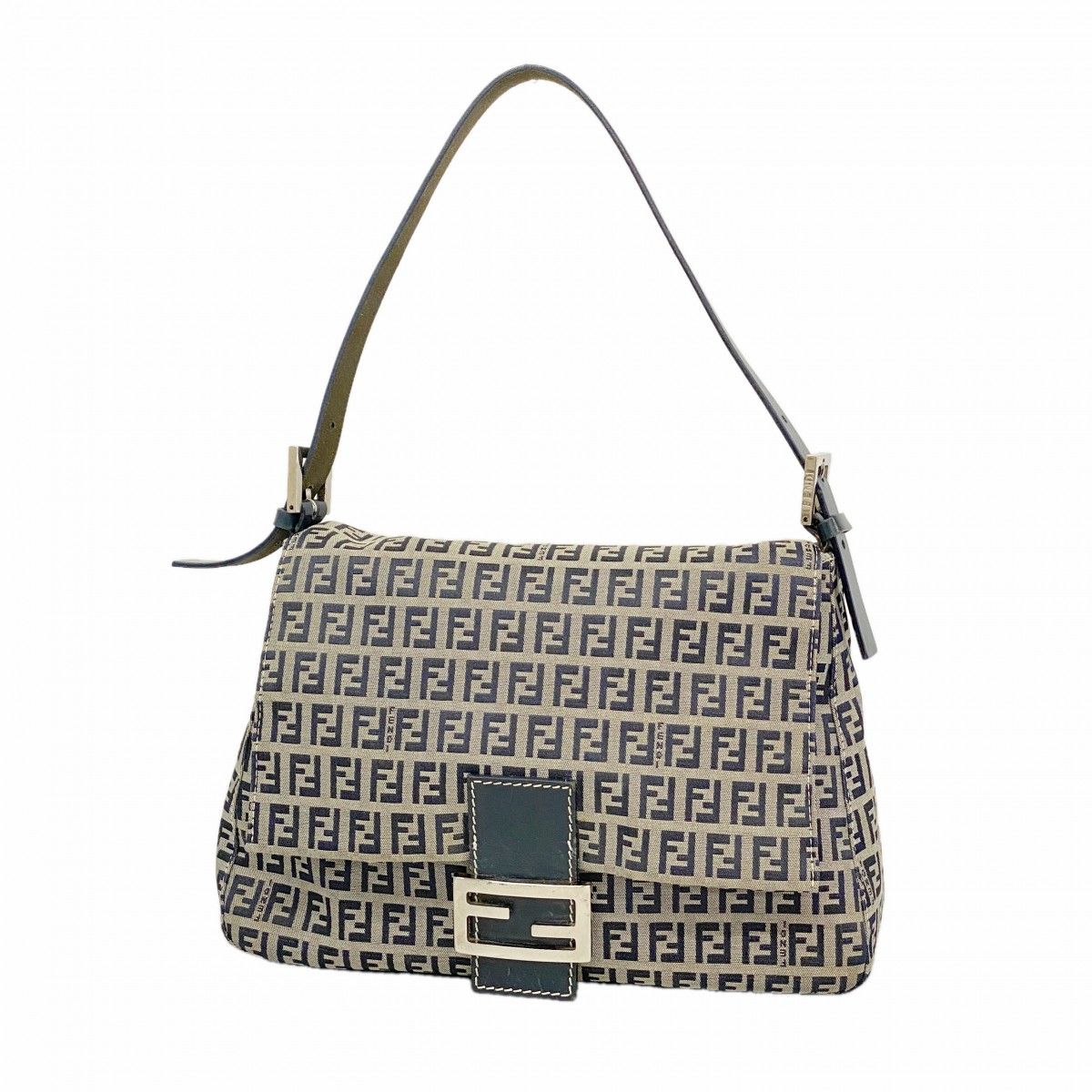 Fendi Handbag Zucchino Mamma Bucket Nylon Canvas Navy Beige Silver