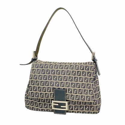Fendi Handbag Zucchino Mamma Bucket Nylon Canvas Navy Beige Silver