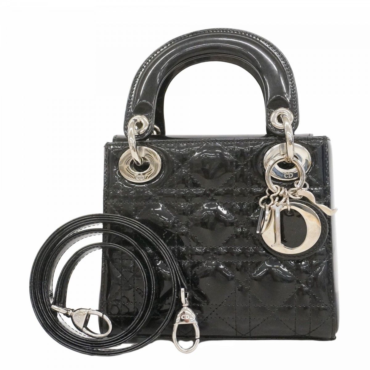 Dior Handbag Cannage Lady Enamel Black Silver 2-Way