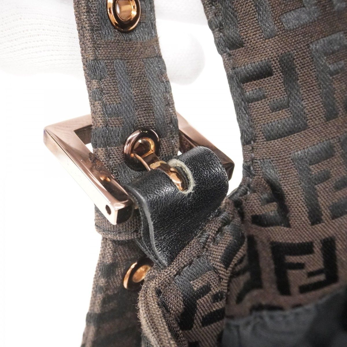 Fendi Handbag Zucchino Mamma Bucket Nylon Canvas Dark Brown Pink Gold — view 8