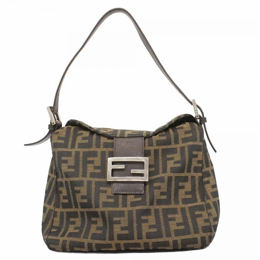 Fendi Handbag Zucca Nylon Canvas Brown Silver