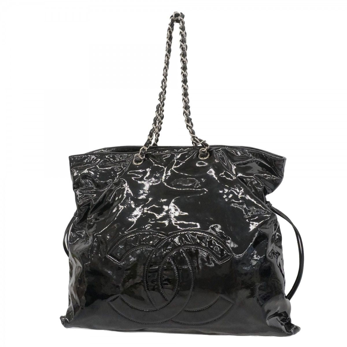 Chanel Chain Tote Patent Leather Black Silver