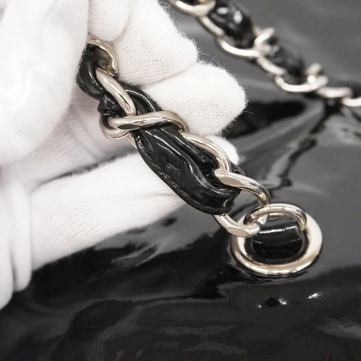 Chanel Chain Tote Patent Leather Black Silver — view 7